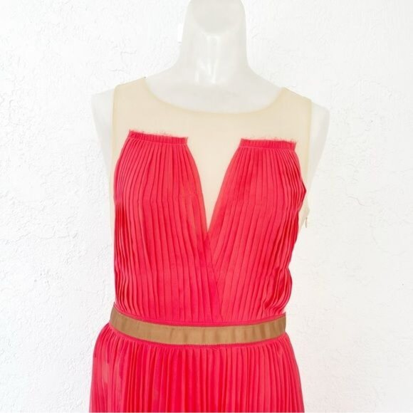 THREE FLOOR A-Line Crew Neck Pleated & Mesh Accents sleeve less Midi Dress 10 - Picture 7 of 13